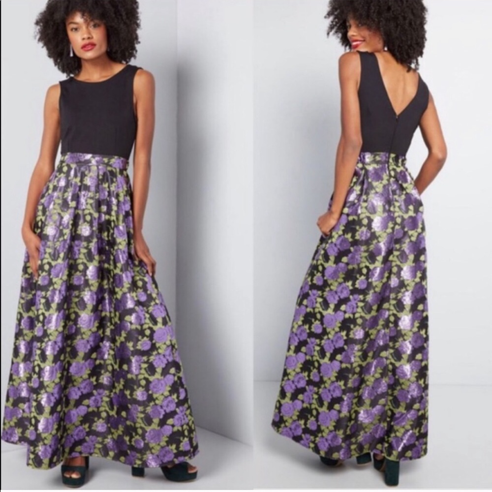 ModCloth Shimmer Texutred Structured Moody Floral Maxi Dress